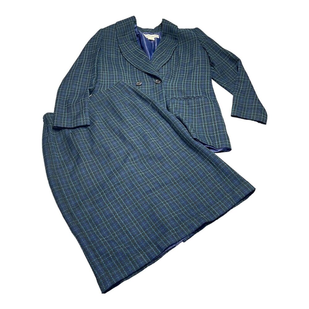 Adolfo Studio 2 Piece Skirt Suits Women's 6 Blue Plaid Polyester Double Breasted